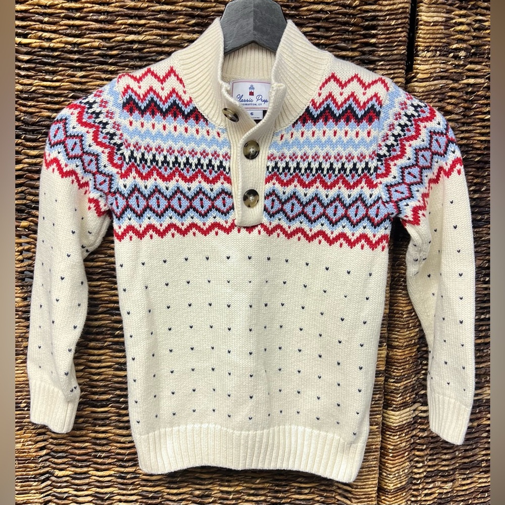 Classic Prep- Cream Sweater w/Red and Blue Pattern, Youth Size:6‎